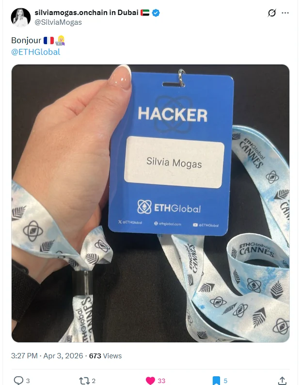 Screenshot of my post: Bonjour, ETHGlobal